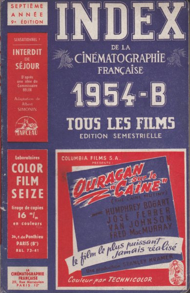 Couverture du livre : Index de la Cinématographie française 1954 B